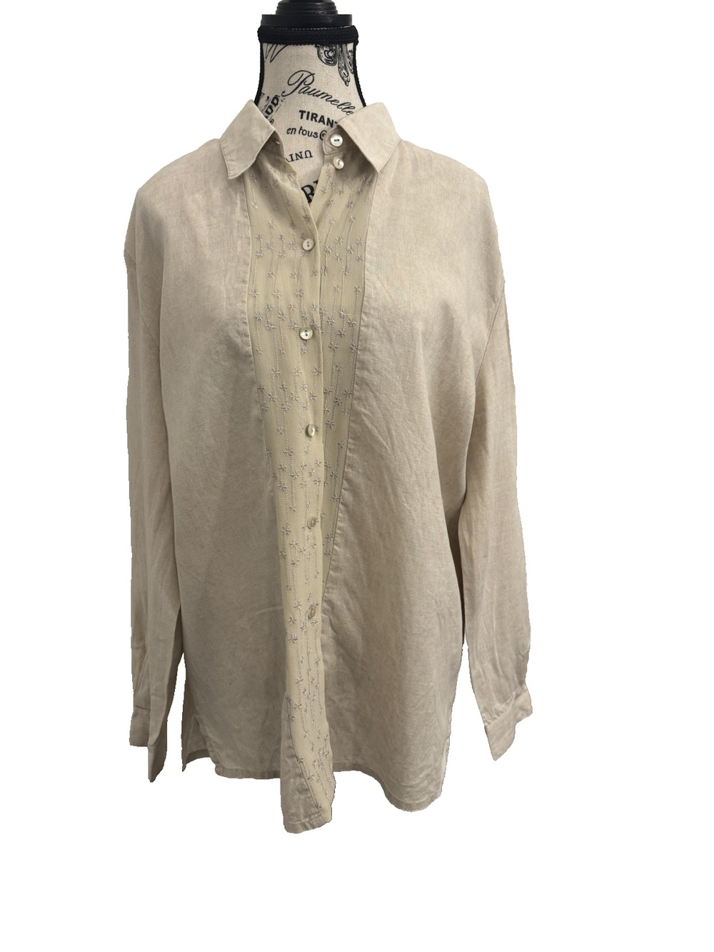 Olsen Collection Blouse Women’s Size 12 Beige Linen With Silk Trim Long Sleeve